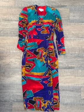 VTG 80s Jennifer Jeffries Abstract Geometric Midi Dress Avant Garde Statement